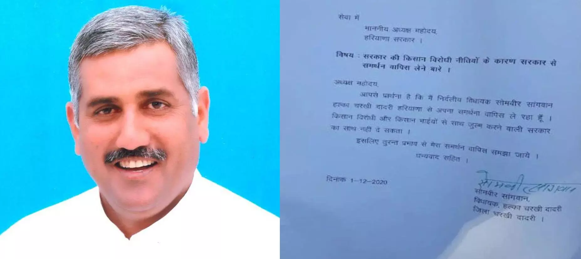 MLA Sombir Sangwan withdrew support from Khattar government