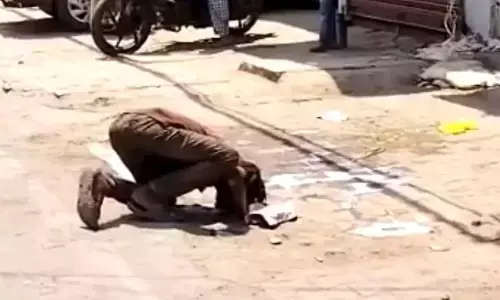 शर्मनाक : सड़क पर फैला दूध पी गया युवक, भूख के आगे हुआ लाचार शर्मनाक : सड़क पर फैला दूध पी गया युवक, भूख के आगे हुआ लाचार